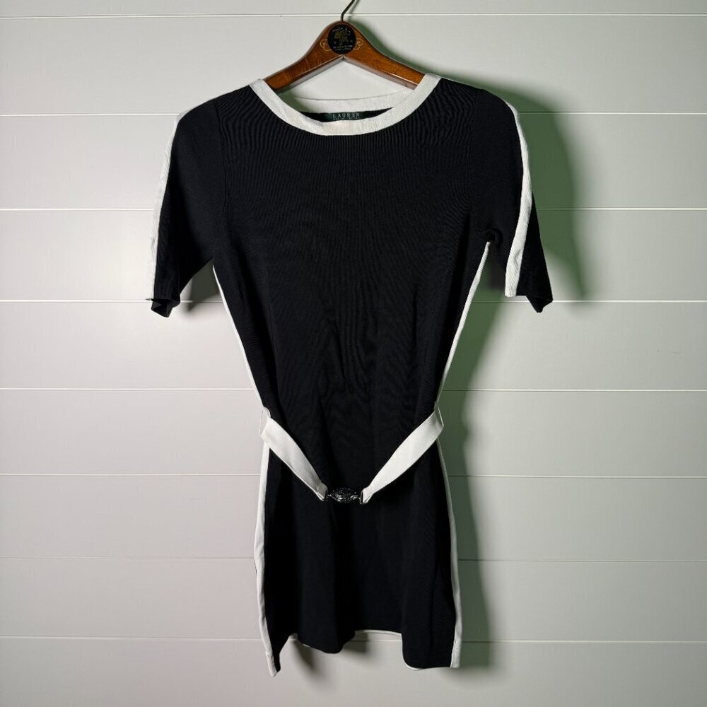 Lauren Ralph Lauren Mini Dress Black/White Color block Belted Knit Dress Small